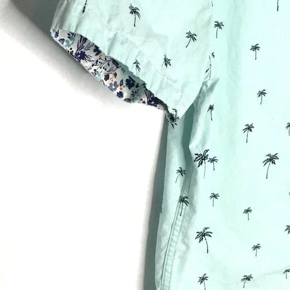 Denim & Flower Mens L Short Sleeve Button Down Shirt Baby Blue Palm Tree Print - Picture 4 of 13